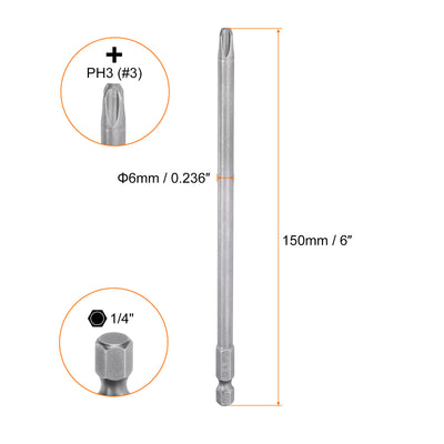 Harfington Magnetic Phillips Screwdriver Bit PH3 1/4" Hex Shank 150mm Long 6mm Rod