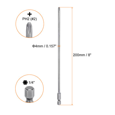 Harfington 2 Stück #2 Phillips Schraubendreher Bit PH2 1/4" Sechskantschaft 8" (200mm) Lang Magnetisch S2 Stahl Industriequalität Schraubendreher Bit Kreuzkopf Bits 0.157" (4mm) Stab