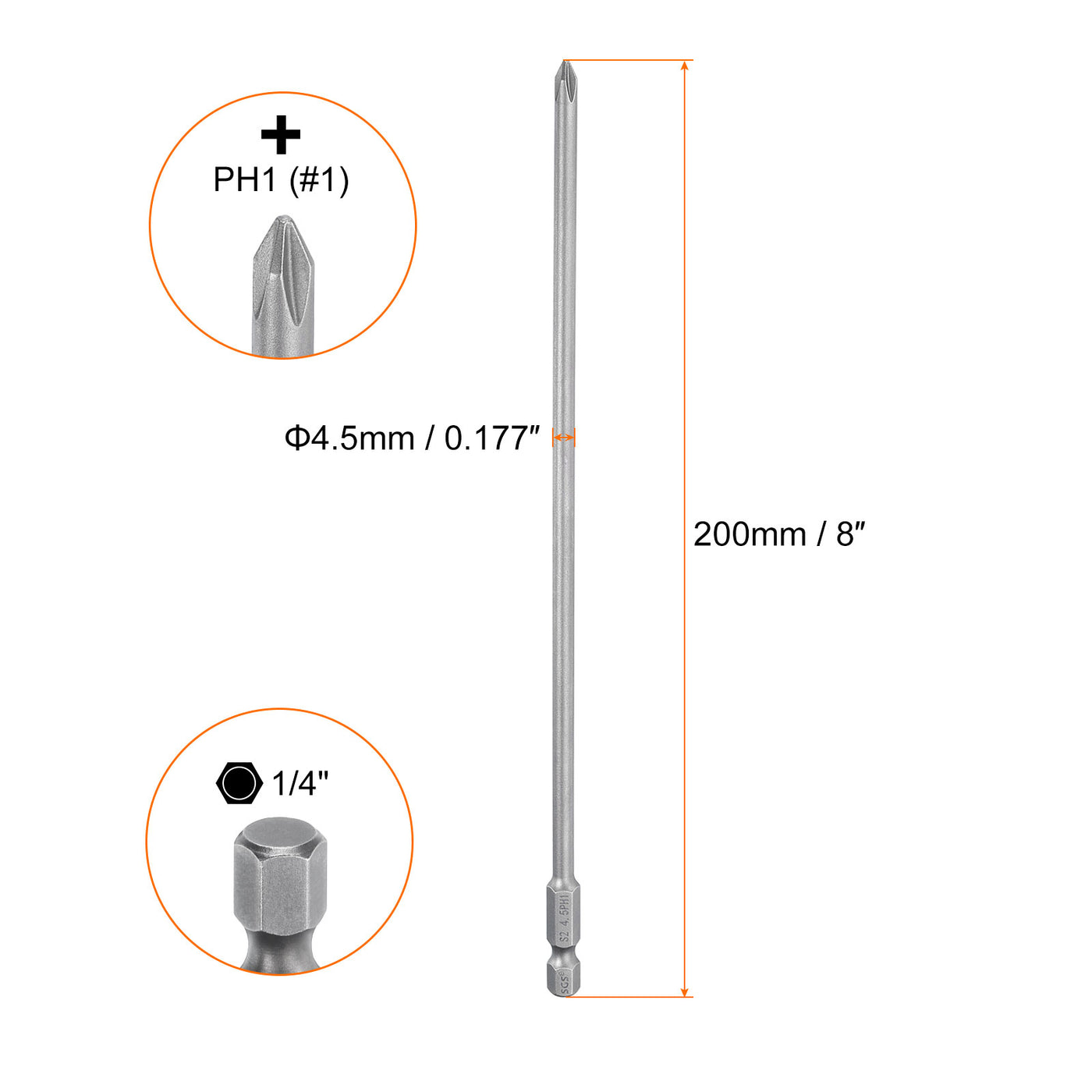 Harfington 2pcs Magnetic Phillips Screwdriver Bit PH1 1/4" Hex Shank 200mm Long 4.5mm Rod