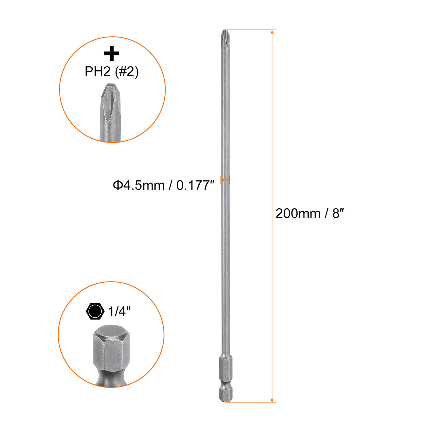 Harfington Magnetic Phillips Screwdriver Bit PH2 1/4" Hex Shank 200mm Long 4.5mm Rod