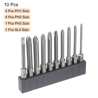 Harfington 10 Stück Phillips-Schlitz-Schraubendreher-Bit-Set PH0-PH3 Kreuz SL6/6mm Flachkopf 2,56" (65mm) Lang Magnetisch S2 Stahl Industriequalität Schraubendreher-Bit-Bit-Werkzeug-Set