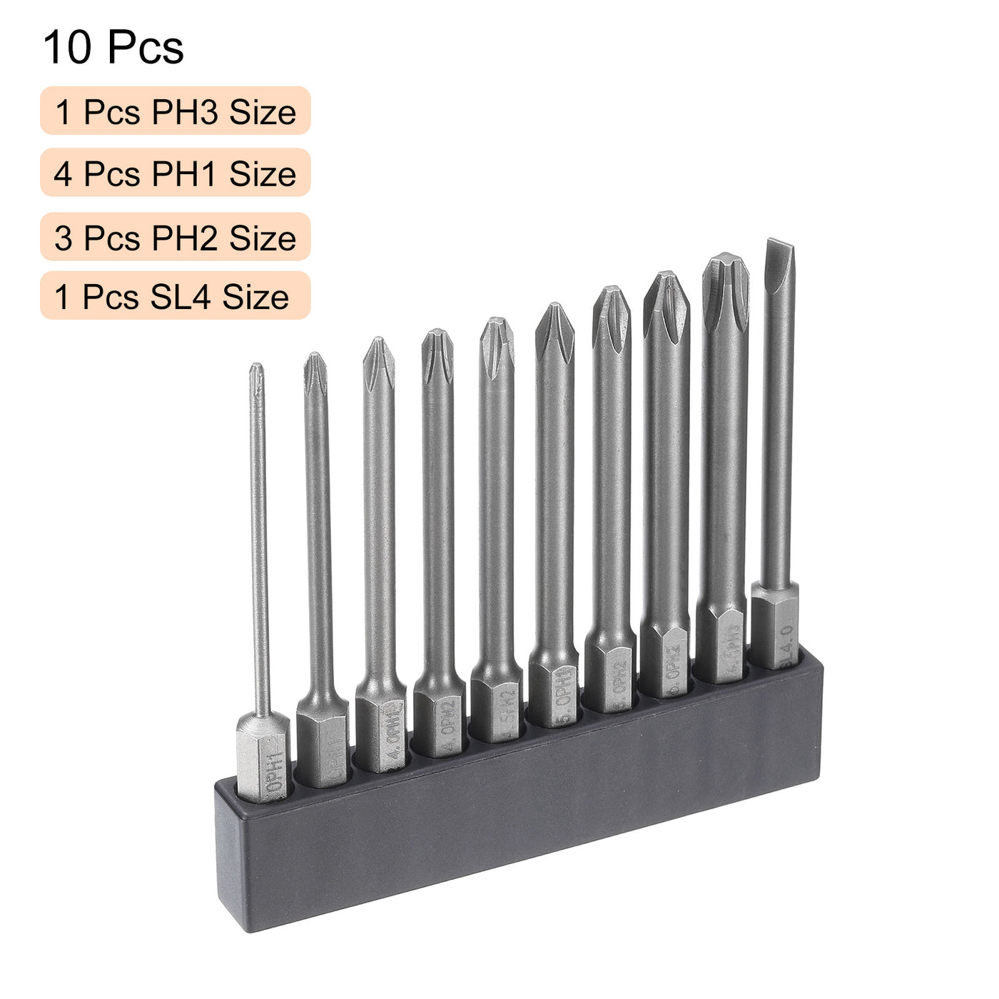 Harfington 10 Stück Phillips-Schlitz-Schraubendreher-Bit-Set PH1-PH3 Kreuz SL4/4mm Flachkopf 3" (75mm) Lang Magnetischer S2-Stahl Industriestandard-Schraubendreher-Bit-Bit-Werkzeug-Set