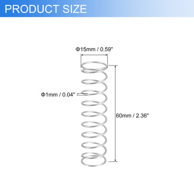 Harfington Uxcell 2Pcs 304 Stainless Steel Compression Springs, 1mm x 15mm x 60mm, Silver