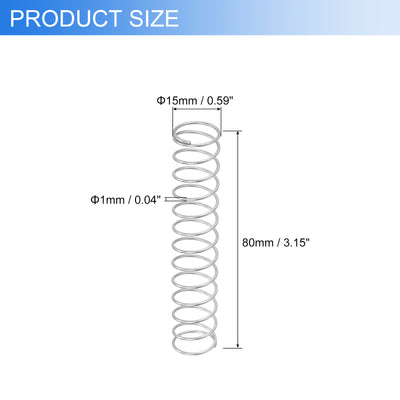 Harfington Uxcell 2Pcs 304 Stainless Steel Compression Springs, 1mm x 15mm x 80mm, Silver