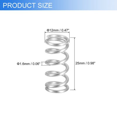 Harfington Uxcell 2Pcs 304 Stainless Steel Compression Springs, 1.6mm x 12mm x 25mm, Silver