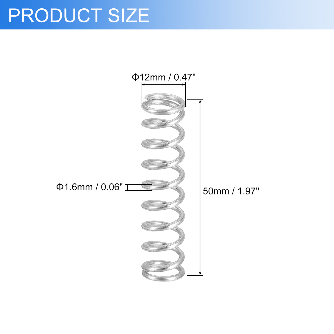 uxcell Uxcell 6Pcs 304 Stainless Steel Compression Springs, 1.6mm x 12mm x 50mm, Silver