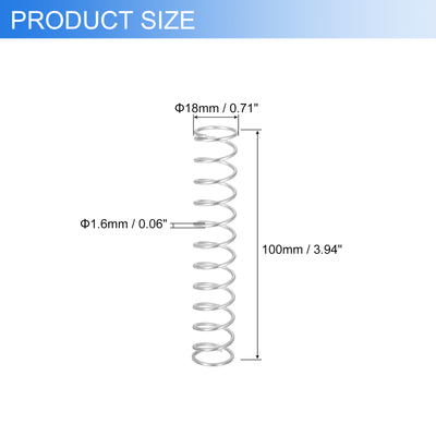 Harfington Uxcell 2Pcs 304 Stainless Steel Compression Springs, 1.6mm x 18mm x 100mm, Silver