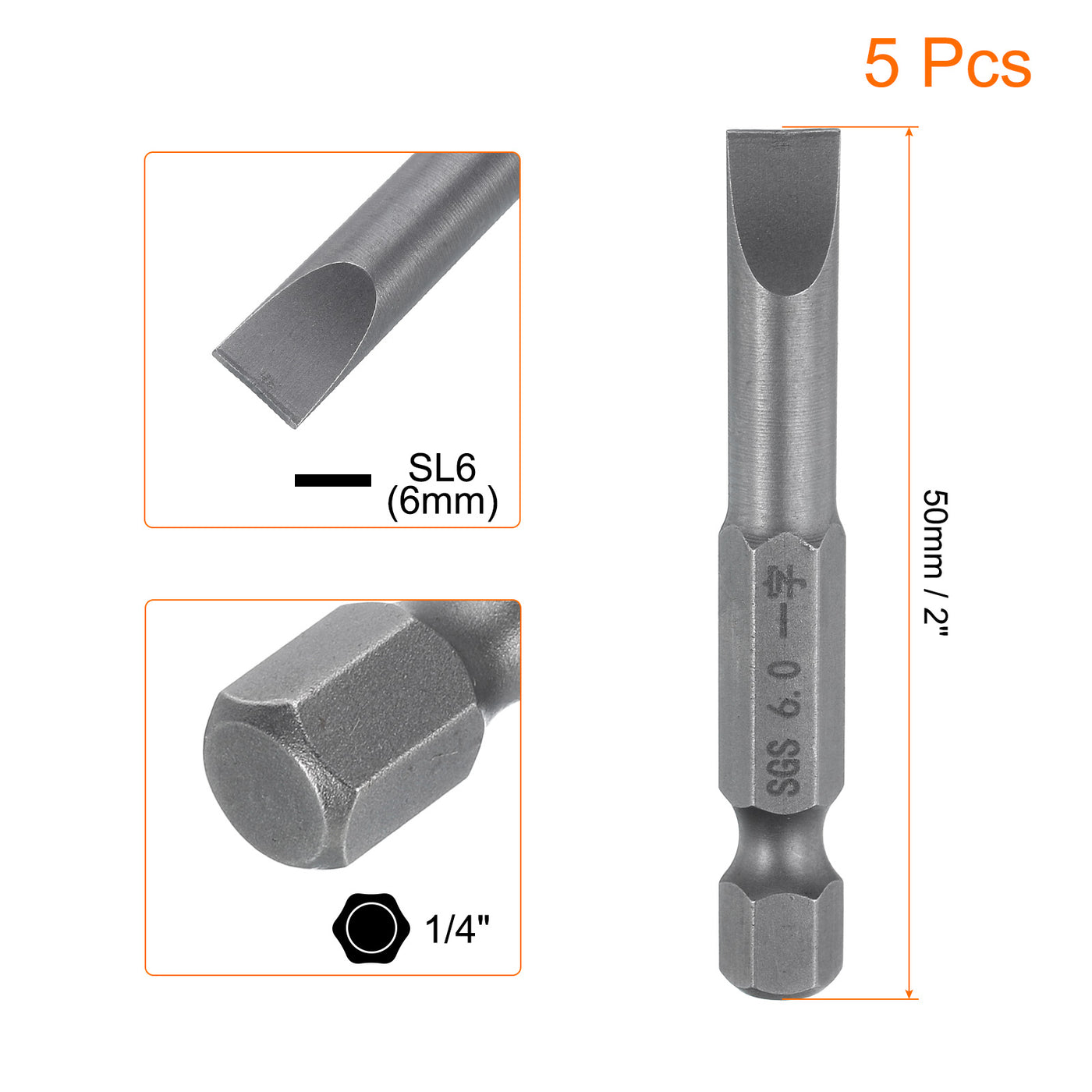 Harfington 5pcs SL6 Magnetic Slotted Screwdriver Bits 6mm Flat Head Screwdriver Bit 2"