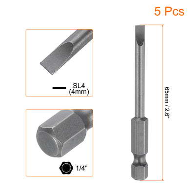 Harfington 5pcs SL4 Magnetic Slotted Screwdriver Bits 4mm Flat Head Screwdriver Bit 2.6"