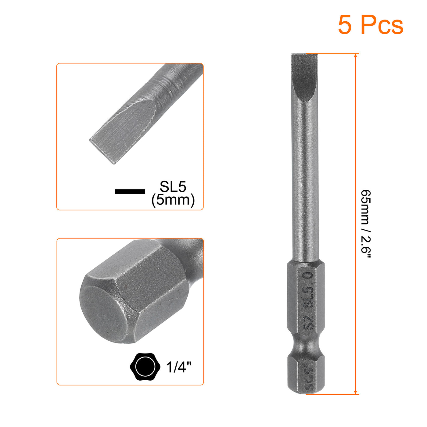 Harfington 5pcs SL5 Magnetic Slotted Screwdriver Bits 5mm Flat Head Screwdriver Bit 2.6"