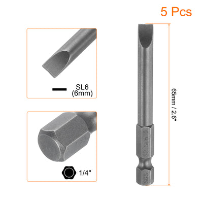 Harfington 5pcs SL6 Magnetic Slotted Screwdriver Bits 6mm Flat Head Screwdriver Bit 2.6"