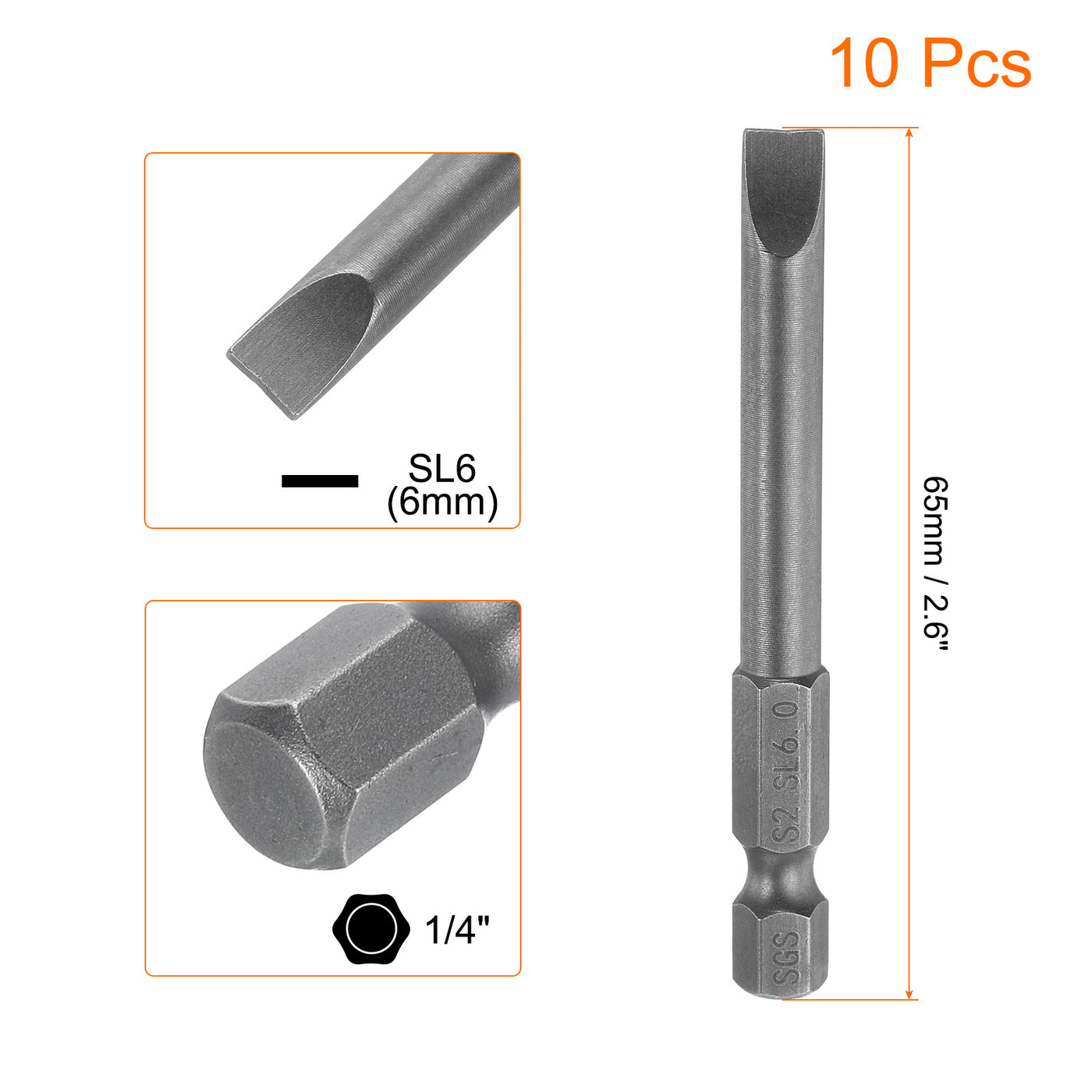 Harfington 10pcs SL6 Magnetic Slotted Screwdriver Bits 6mm Flat Head Screwdriver Bit 2.6"