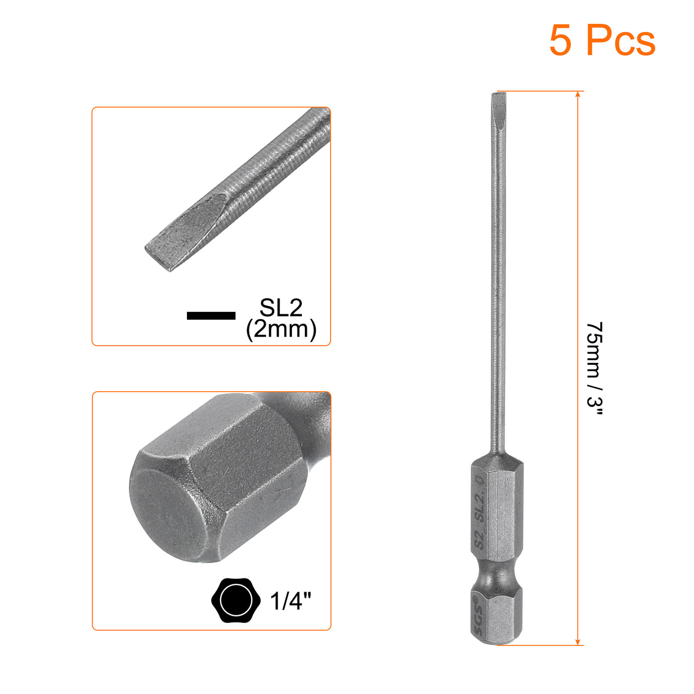 Harfington 5pcs SL2 Magnetic Slotted Screwdriver Bits 2mm Flat Head Screwdriver Bit 3"