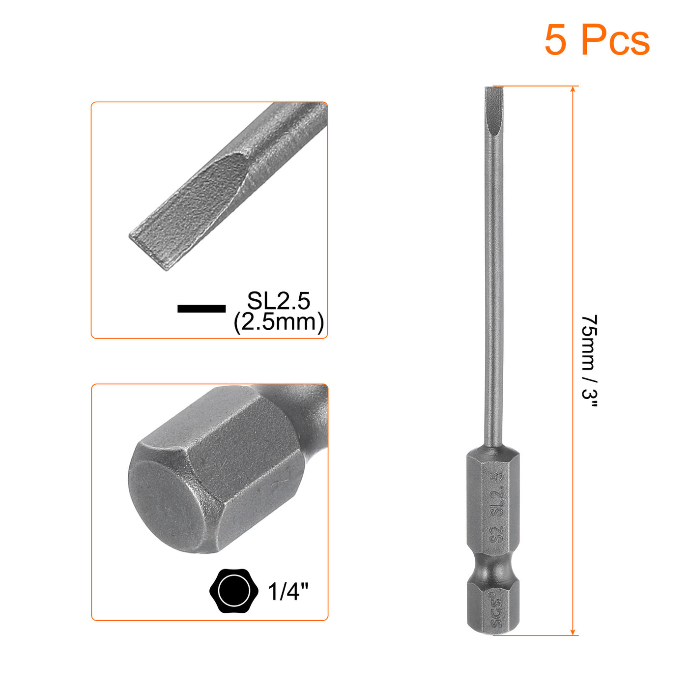 Harfington 5pcs SL2.5 Magnetic Slotted Screwdriver Bits 2.5mm Flat Head Screwdriver Bit 3"