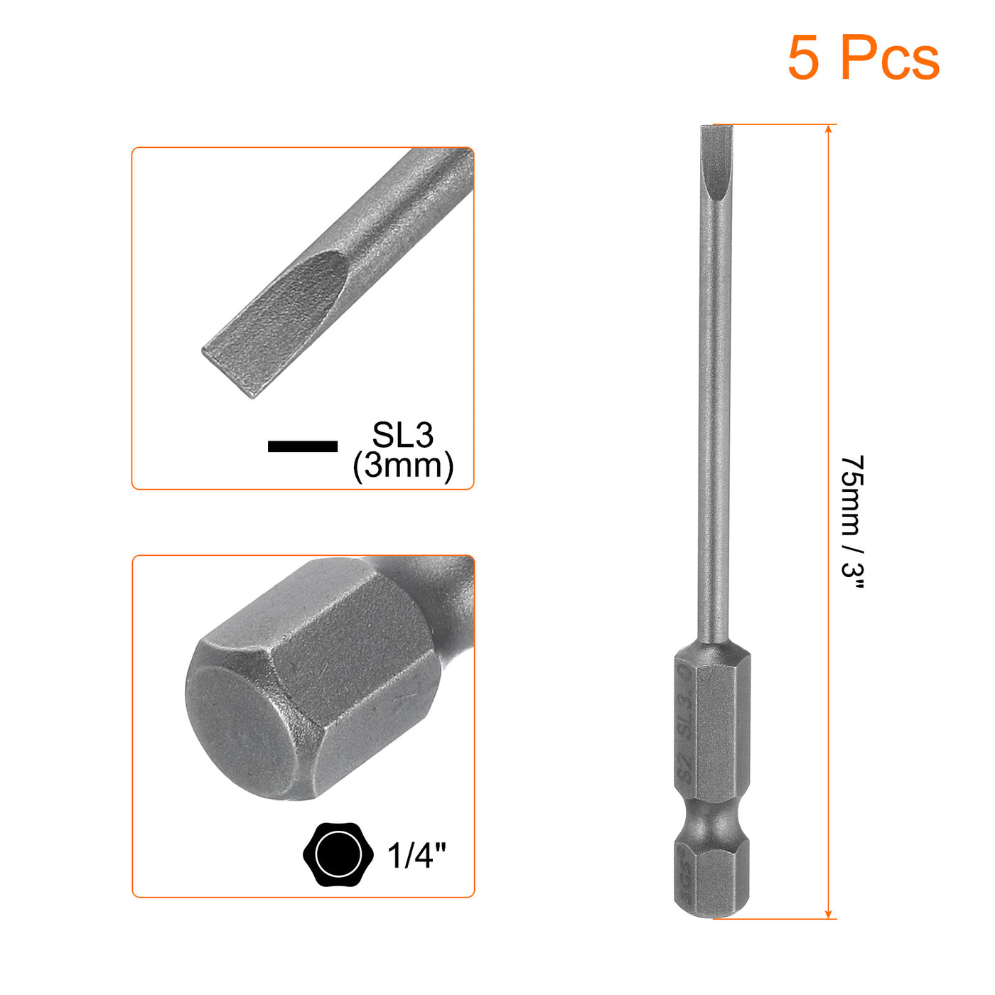 Harfington 5pcs SL3 Magnetic Slotted Screwdriver Bits 3mm Flat Head Screwdriver Bit 3"