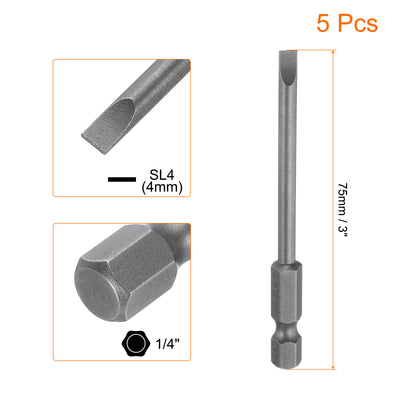 Harfington 5pcs SL4 Magnetic Slotted Screwdriver Bits 4mm Flat Head Screwdriver Bit 3"