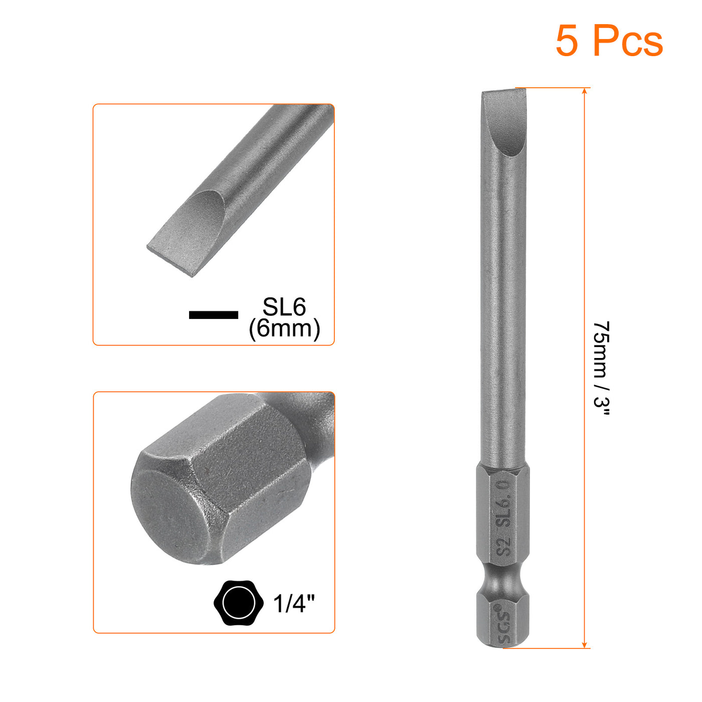 Harfington 5pcs SL6 Magnetic Slotted Screwdriver Bits 6mm Flat Head Screwdriver Bit 3"