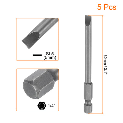 Harfington 5pcs SL5 Magnetic Slotted Screwdriver Bits 5mm Flat Head Screwdriver Bit 3.1"