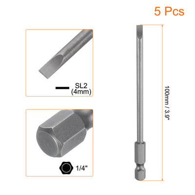 Harfington 5pcs SL4 Magnetic Slotted Screwdriver Bits 4mm Flat Head Screwdriver Bit 3.9"