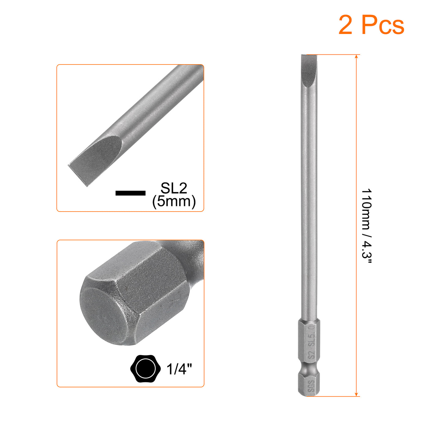 Harfington 2 Stück SL5 Magnetische Schlitz-Schraubendreher-Bits 5mm S2 Stahl Flachkopf-Schraubendreher-Bit 1/4" Sechskant-Schaft Schraubendreher 110mm (4,3") lang für Schrauben