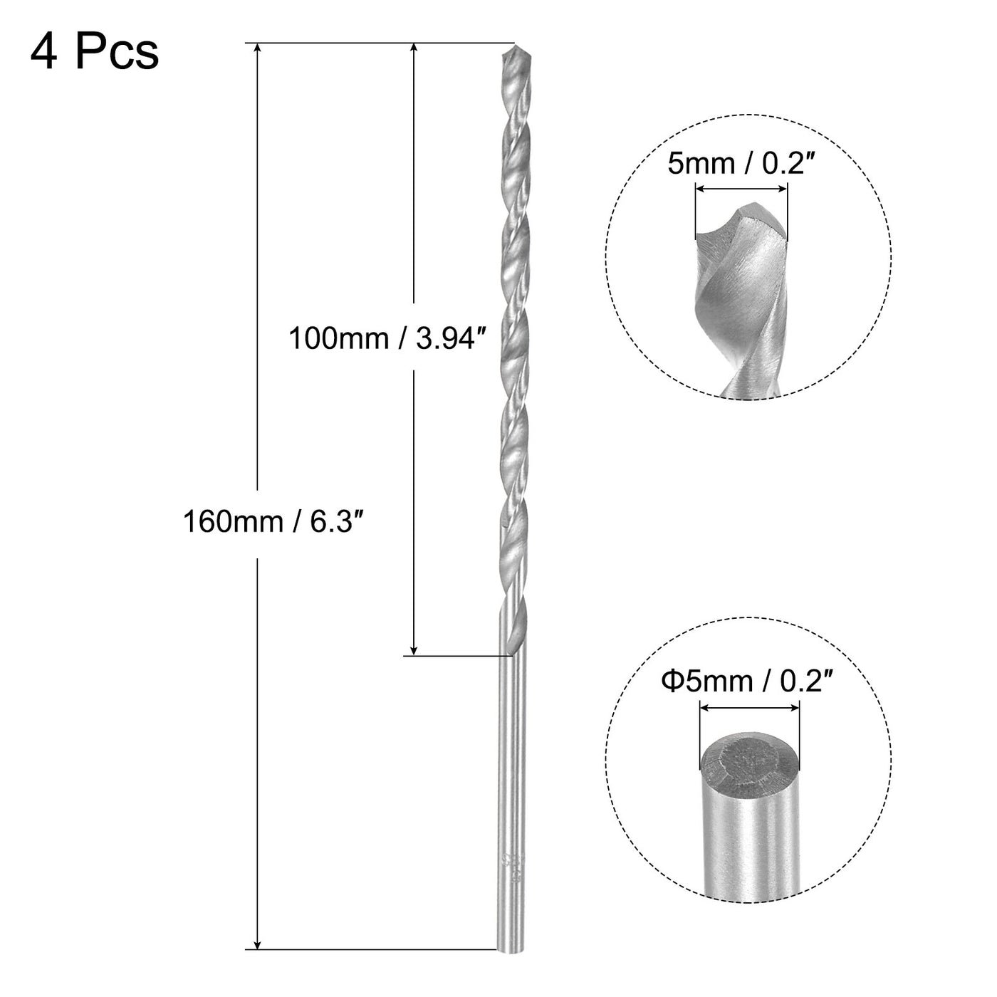 uxcell Uxcell 5mm Twist Drill Bits, High-Speed Steel Extra Long Drill Bit 160mm Length 4pcs