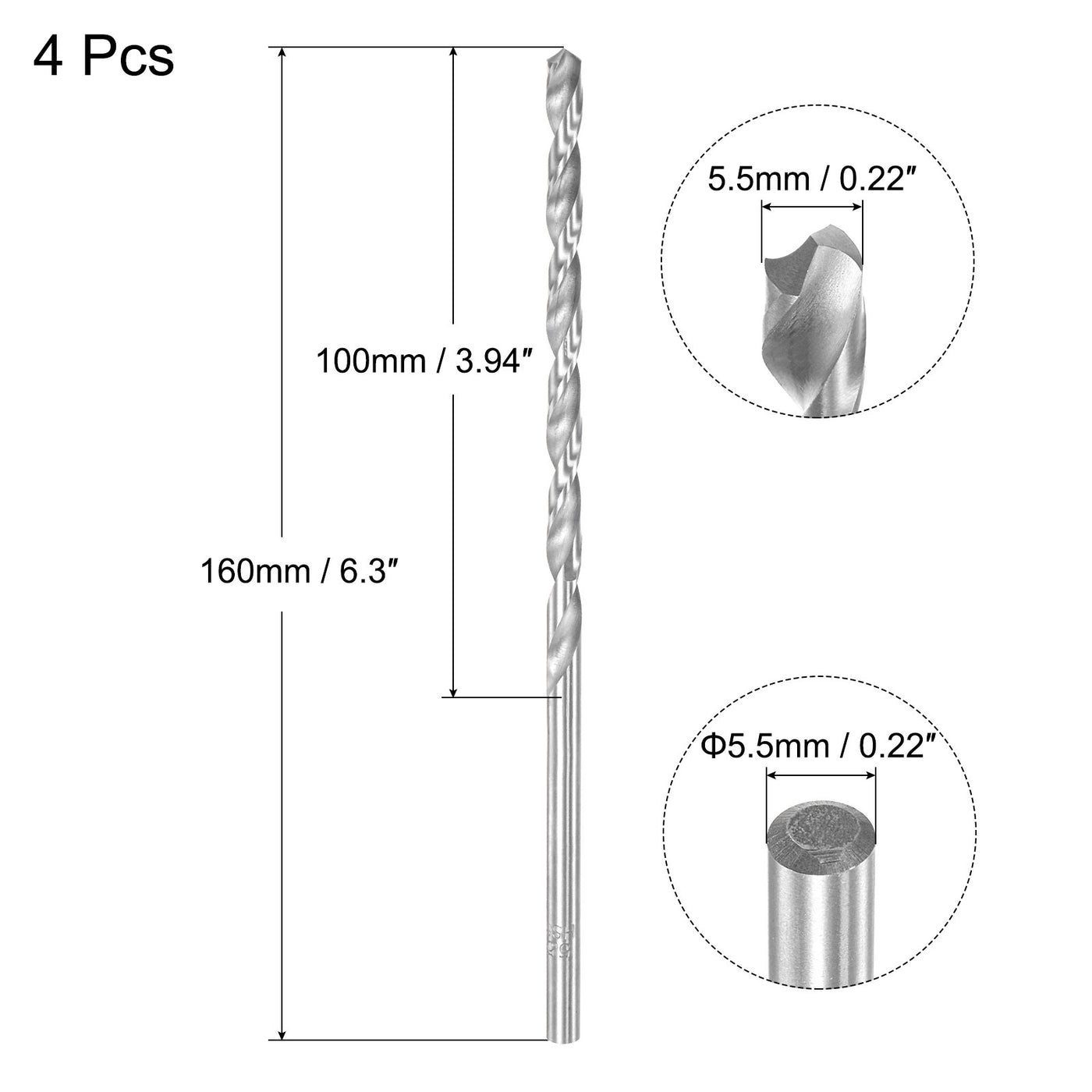 uxcell Uxcell 5.5mm Twist Drill Bits, High-Speed Steel Extra Long Drill Bit 160mm Length 4pcs