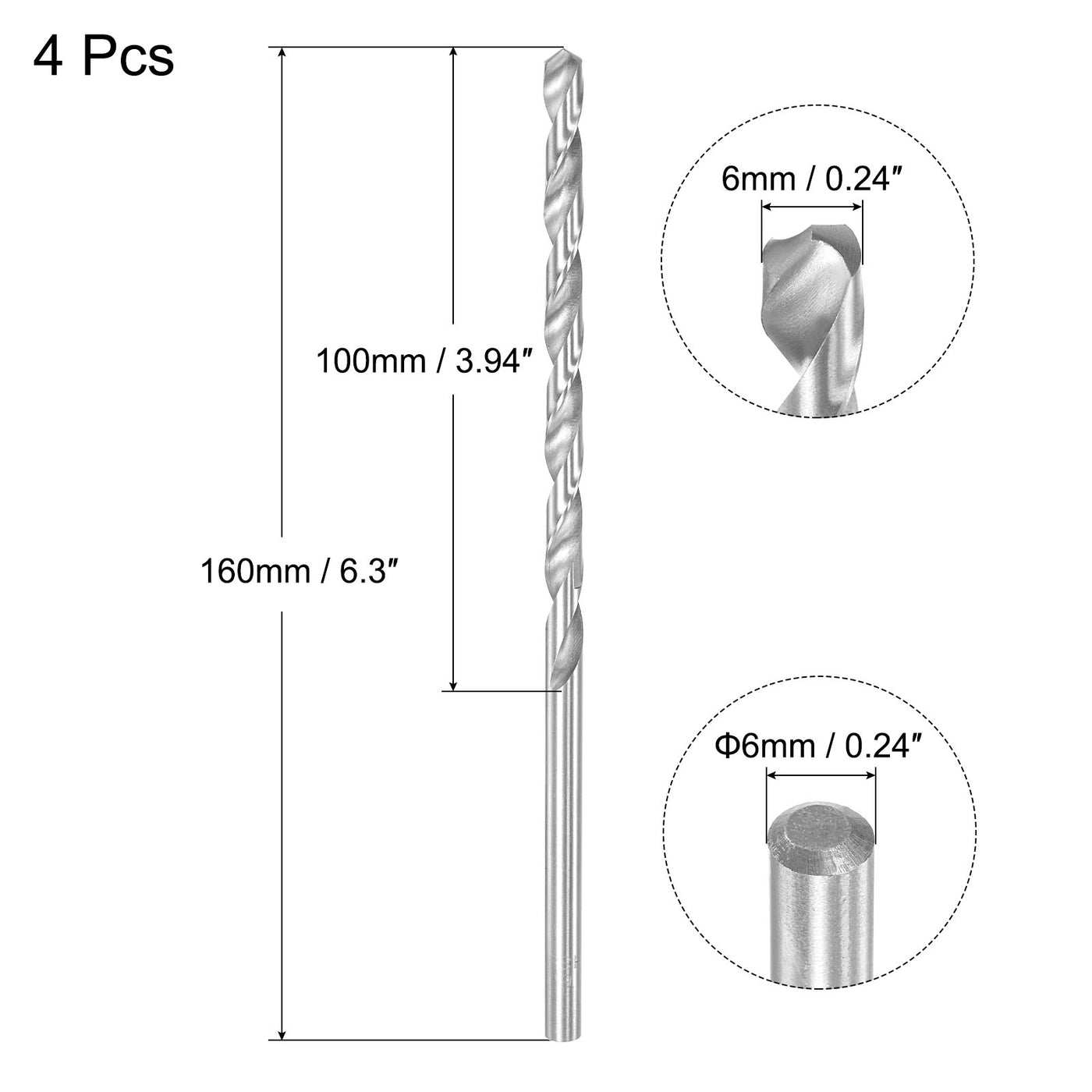 uxcell Uxcell 6mm Twist Drill Bits, High-Speed Steel Extra Long Drill Bit 160mm Length 4pcs