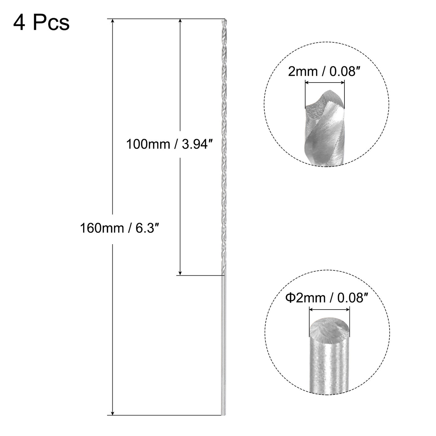 uxcell Uxcell 2mm Twist Drill Bits, High-Speed Steel Extra Long Drill Bit 160mm Length 4pcs