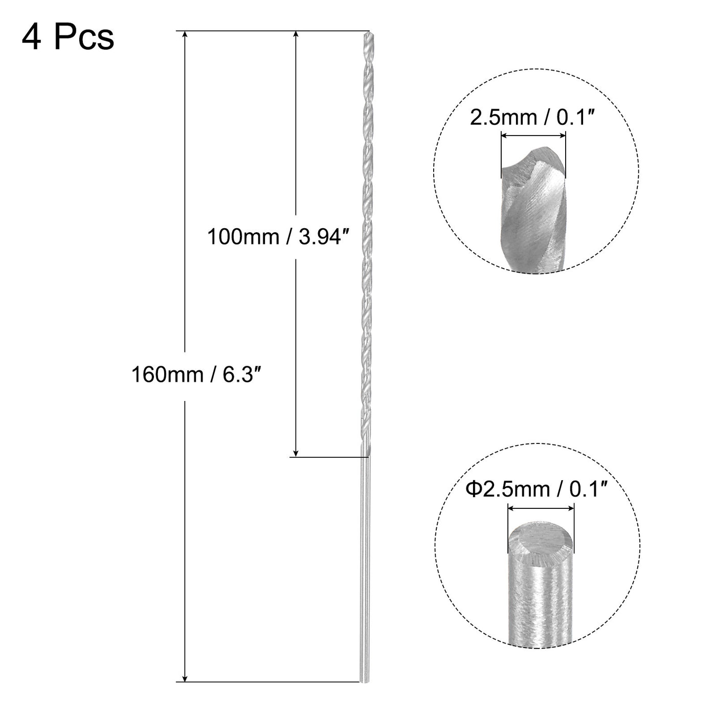 uxcell Uxcell 2.5mm Twist Drill Bits, High-Speed Steel Extra Long Drill Bit 160mm Length 4pcs