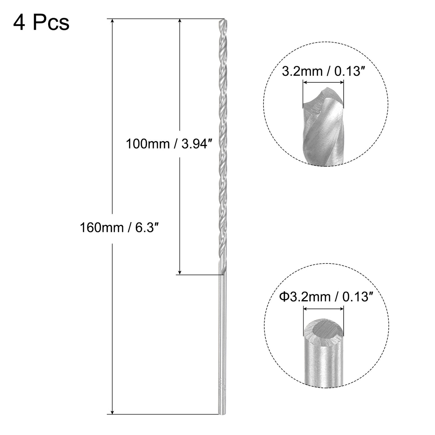 uxcell Uxcell 3.2mm Twist Drill Bits, High-Speed Steel Extra Long Drill Bit 160mm Length 4pcs