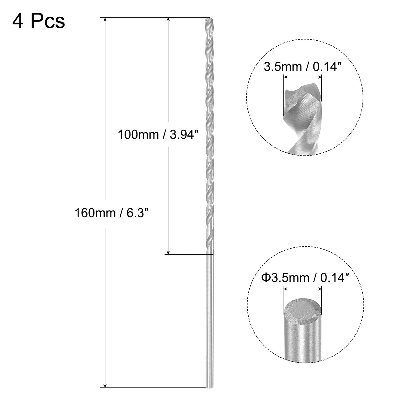 uxcell Uxcell 3.5mm Twist Drill Bits, High-Speed Steel Extra Long Drill Bit 160mm Length 4pcs