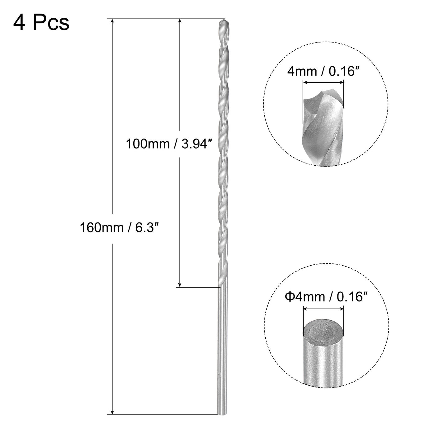 uxcell Uxcell 4mm Twist Drill Bits, High-Speed Steel Extra Long Drill Bit 160mm Length 4pcs