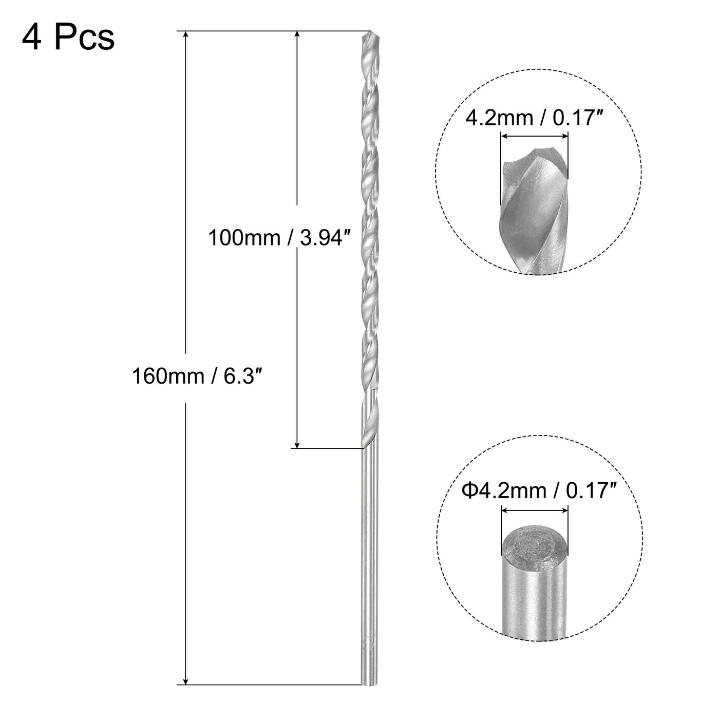 uxcell Uxcell 4.2mm Twist Drill Bits, High-Speed Steel Extra Long Drill Bit 160mm Length 4pcs