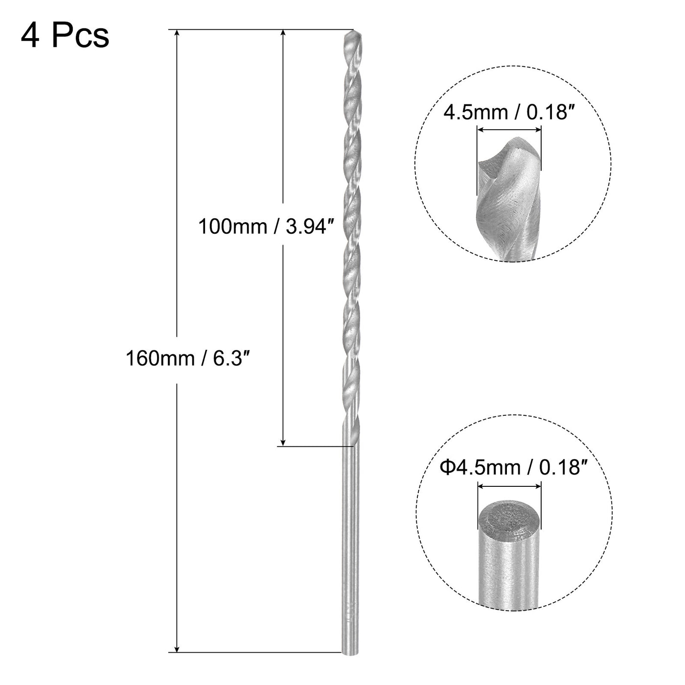 uxcell Uxcell 4.5mm Twist Drill Bits, High-Speed Steel Extra Long Drill Bit 160mm Length 4pcs