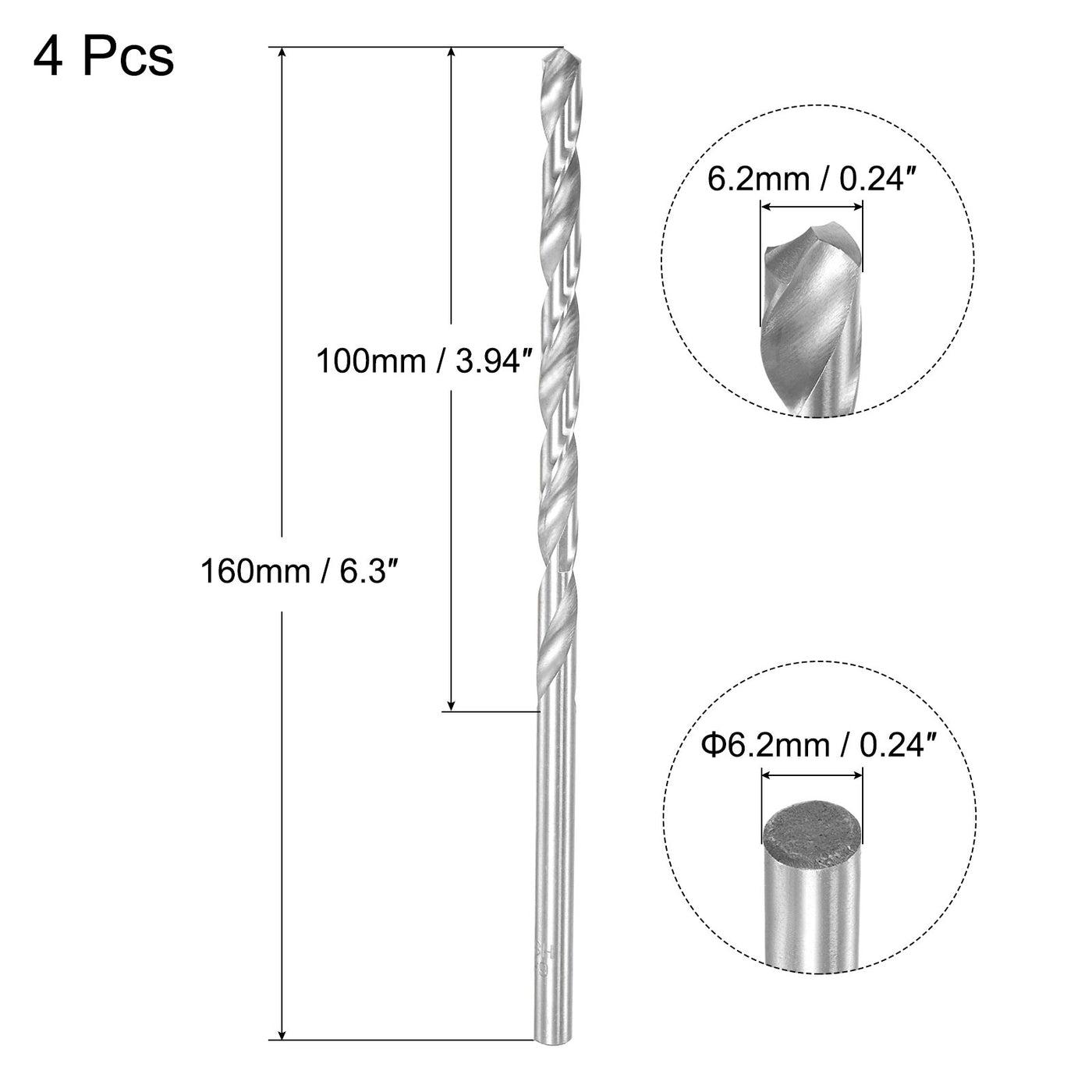 uxcell Uxcell 6.2mm Twist Drill Bits, High-Speed Steel Extra Long Drill Bit 160mm Length 4pcs