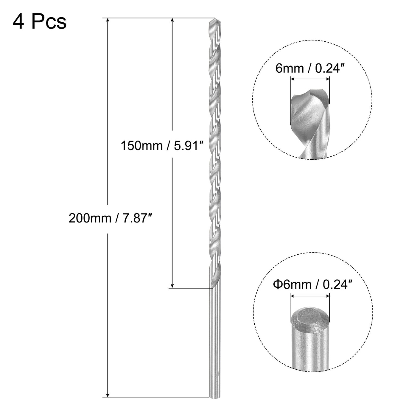 uxcell Uxcell 6mm Twist Drill Bits, High-Speed Steel Extra Long Drill Bit 200mm Length 4pcs