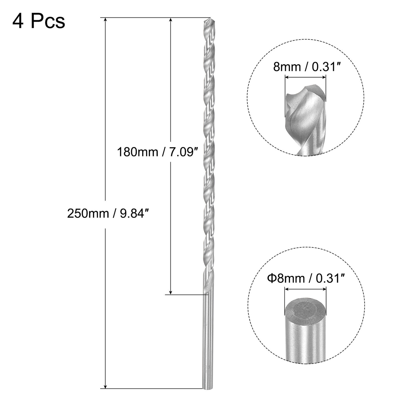 uxcell Uxcell 8mm Twist Drill Bits, High-Speed Steel Extra Long Drill Bit 250mm Length 4pcs