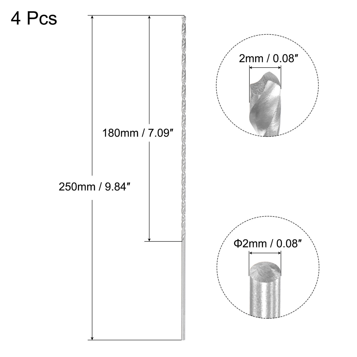 uxcell Uxcell 2mm Twist Drill Bits, High-Speed Steel Extra Long Drill Bit 250mm Length 4pcs