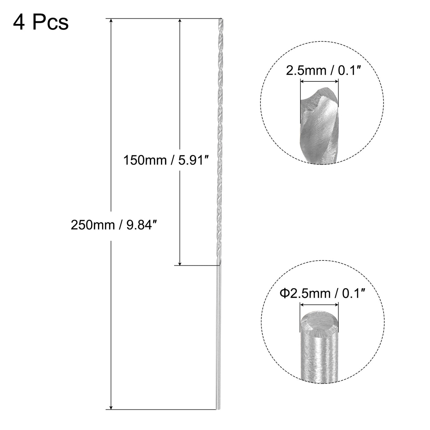 uxcell Uxcell 2.5mm Twist Drill Bits, High-Speed Steel Extra Long Drill Bit 250mm Length 4pcs