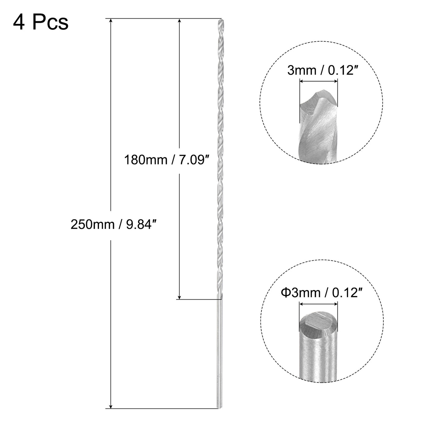 uxcell Uxcell 3mm Twist Drill Bits, High-Speed Steel Extra Long Drill Bit 250mm Length 4pcs