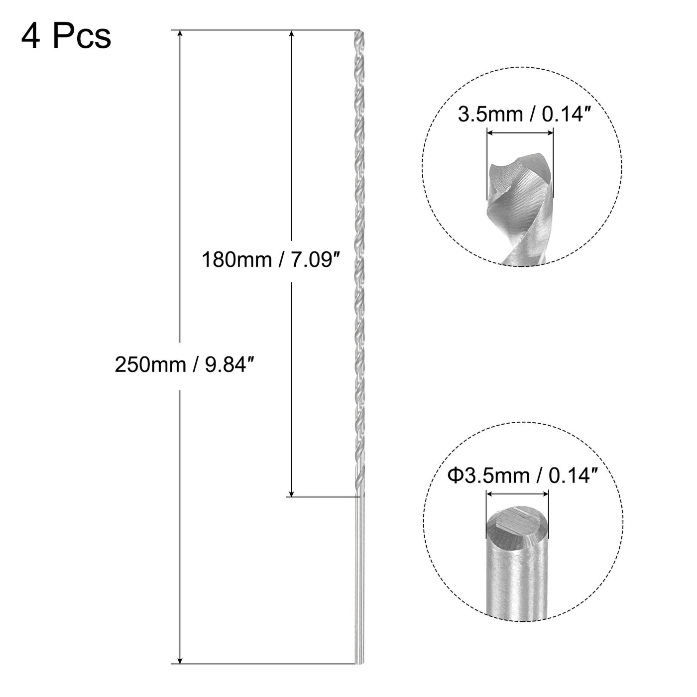 uxcell Uxcell 3.5mm Twist Drill Bits, High-Speed Steel Extra Long Drill Bit 250mm Length 4pcs