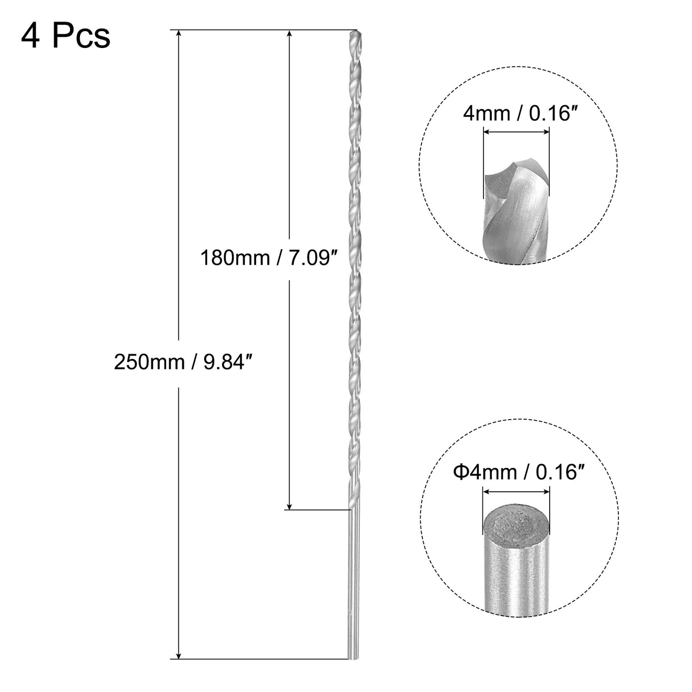 uxcell Uxcell 4mm Twist Drill Bits, High-Speed Steel Extra Long Drill Bit 250mm Length 4pcs