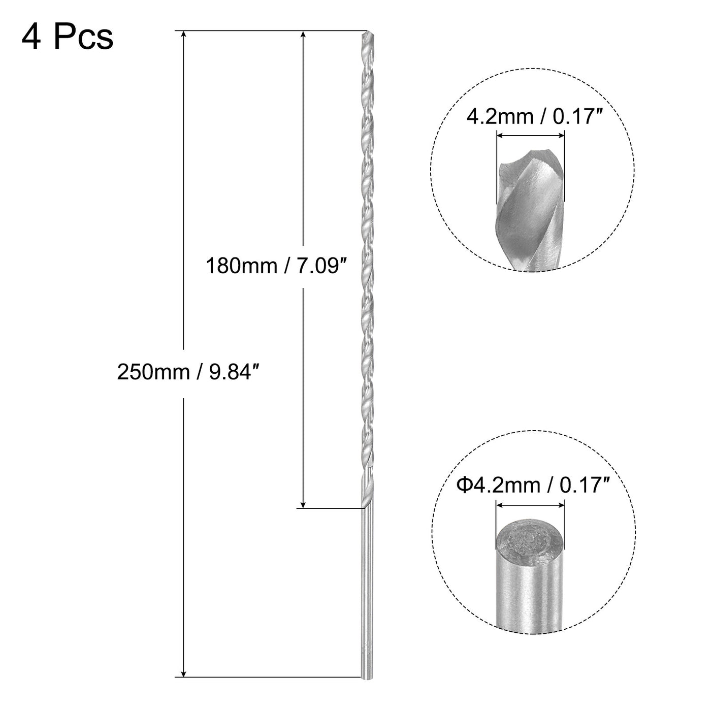 uxcell Uxcell 4.2mm Twist Drill Bits, High-Speed Steel Extra Long Drill Bit 250mm Length 4pcs