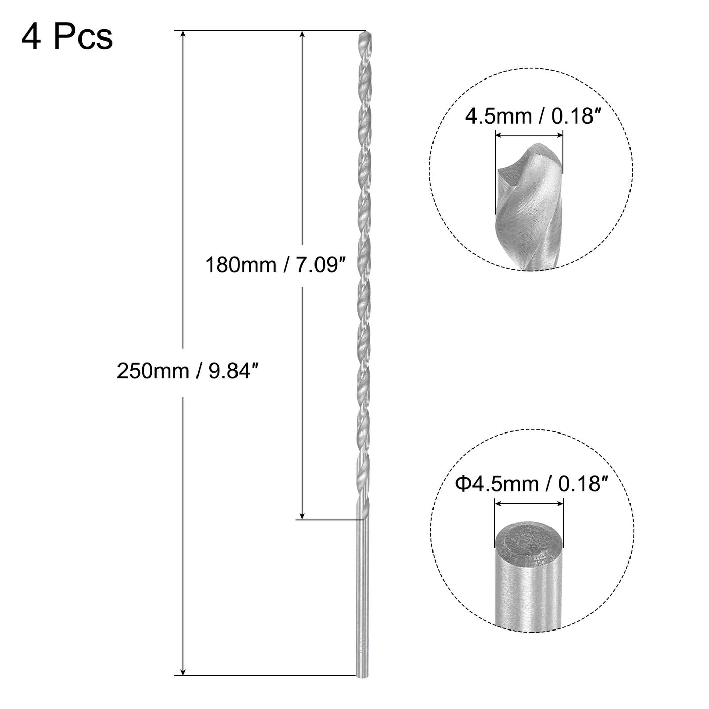 uxcell Uxcell 4.5mm Twist Drill Bits, High-Speed Steel Extra Long Drill Bit 250mm Length 4pcs