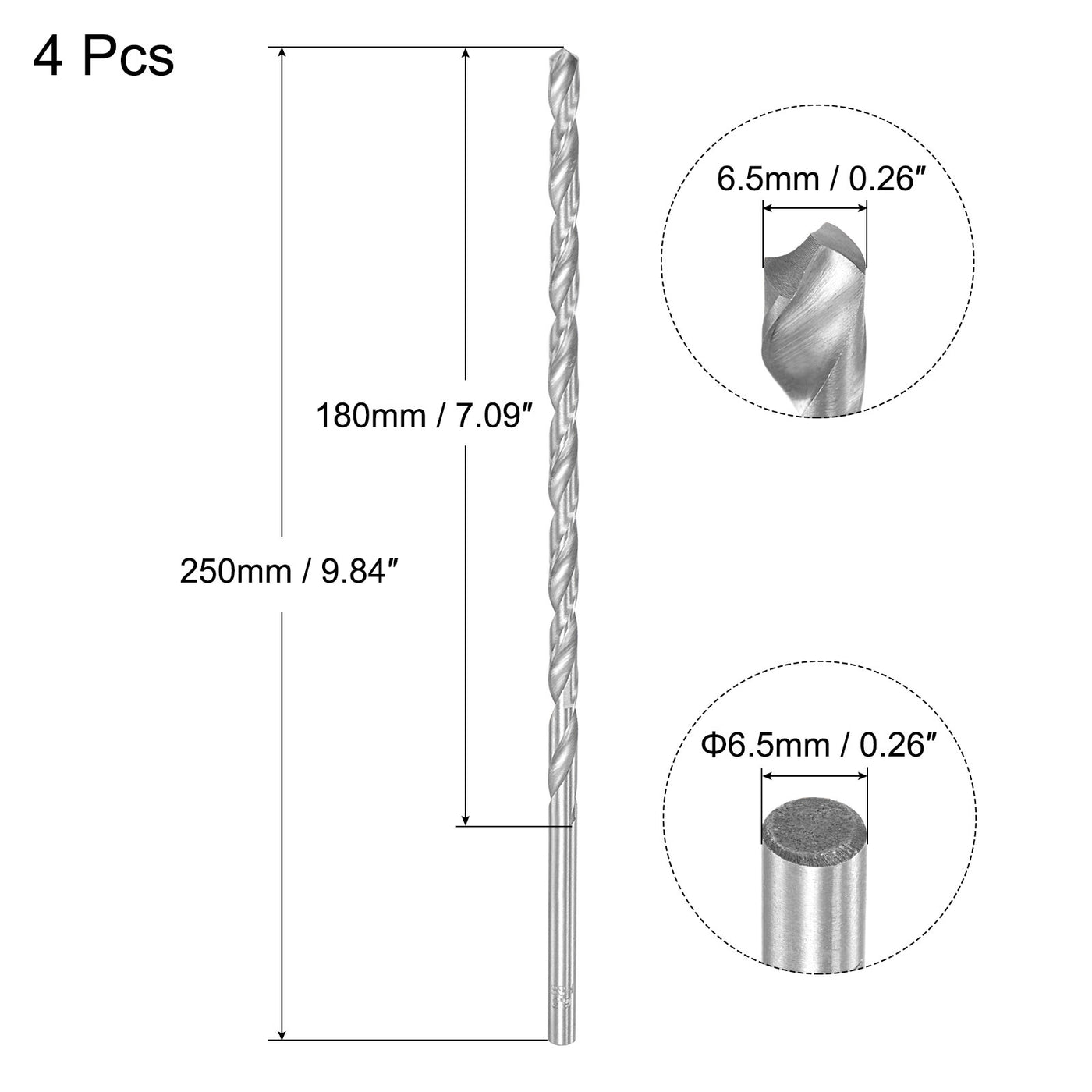 uxcell Uxcell 6.5mm Twist Drill Bits, High-Speed Steel Extra Long Drill Bit 250mm Length 4pcs