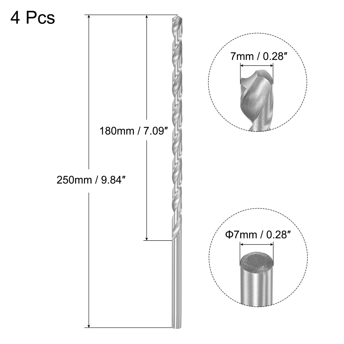 uxcell Uxcell 7mm Twist Drill Bits, High-Speed Steel Extra Long Drill Bit 250mm Length 4pcs