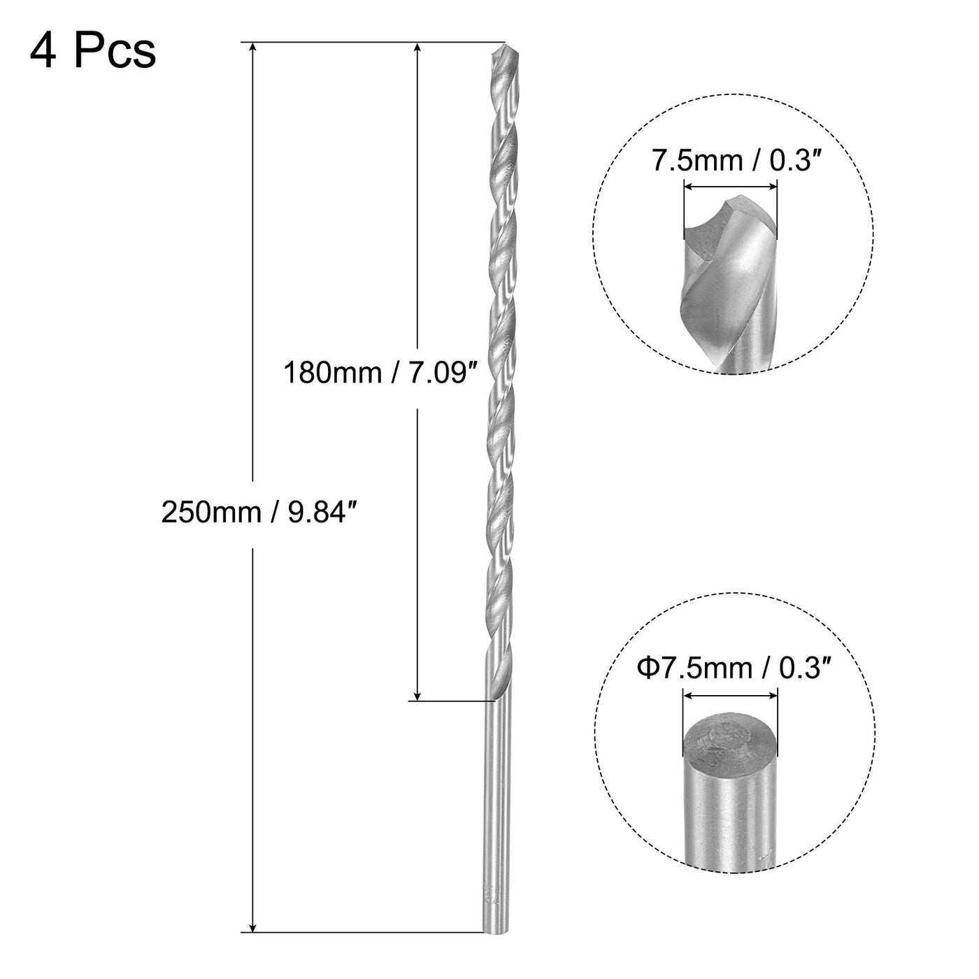 uxcell Uxcell 7.5mm Twist Drill Bits, High-Speed Steel Extra Long Drill Bit 250mm Length 4pcs