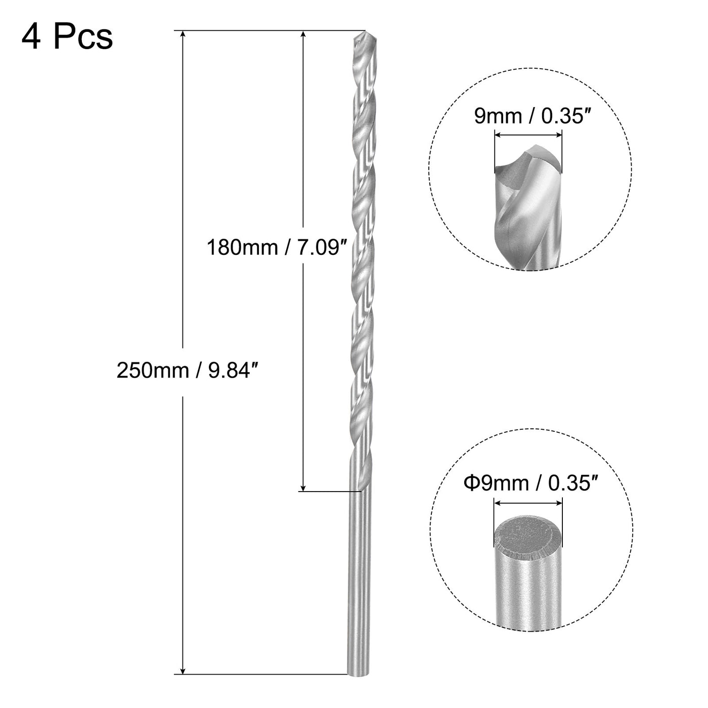 uxcell Uxcell 9mm Twist Drill Bits, High-Speed Steel Extra Long Drill Bit 250mm Length 4pcs