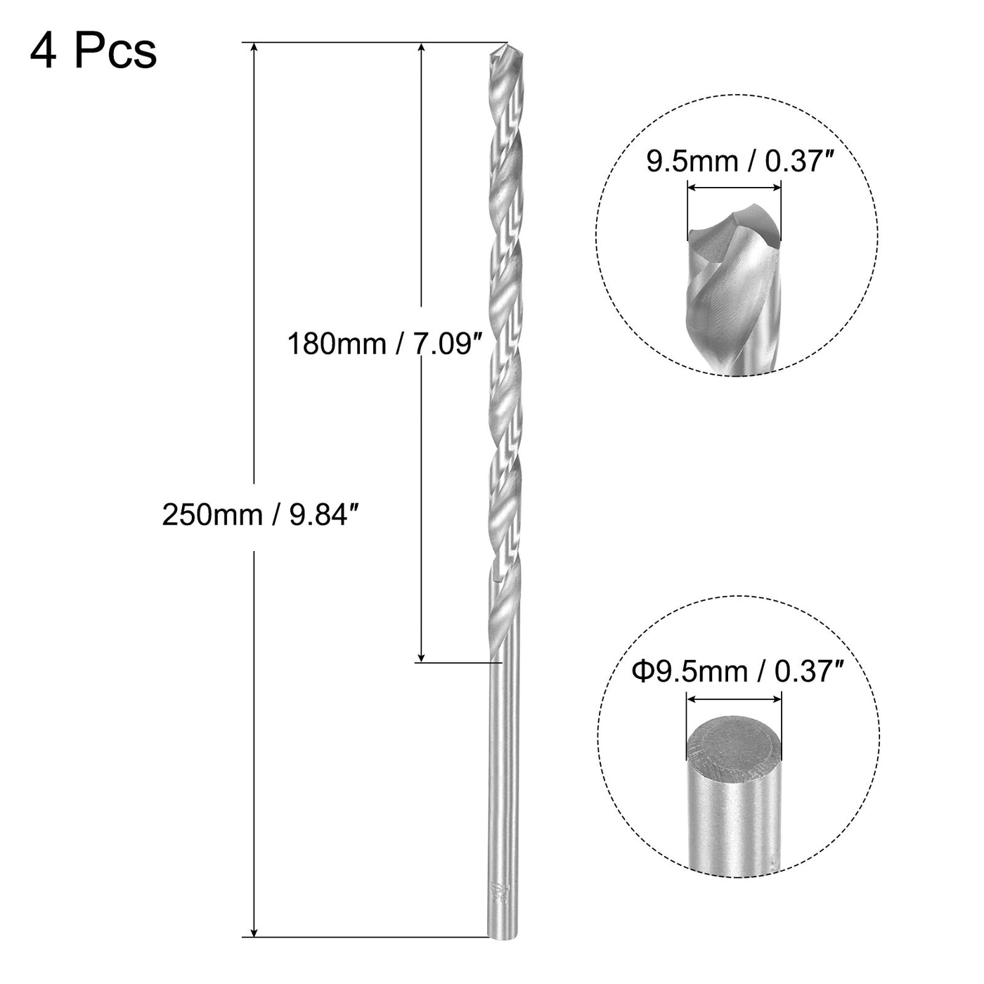 uxcell Uxcell 9.5mm Twist Drill Bits, High-Speed Steel Extra Long Drill Bit 250mm Length 4pcs