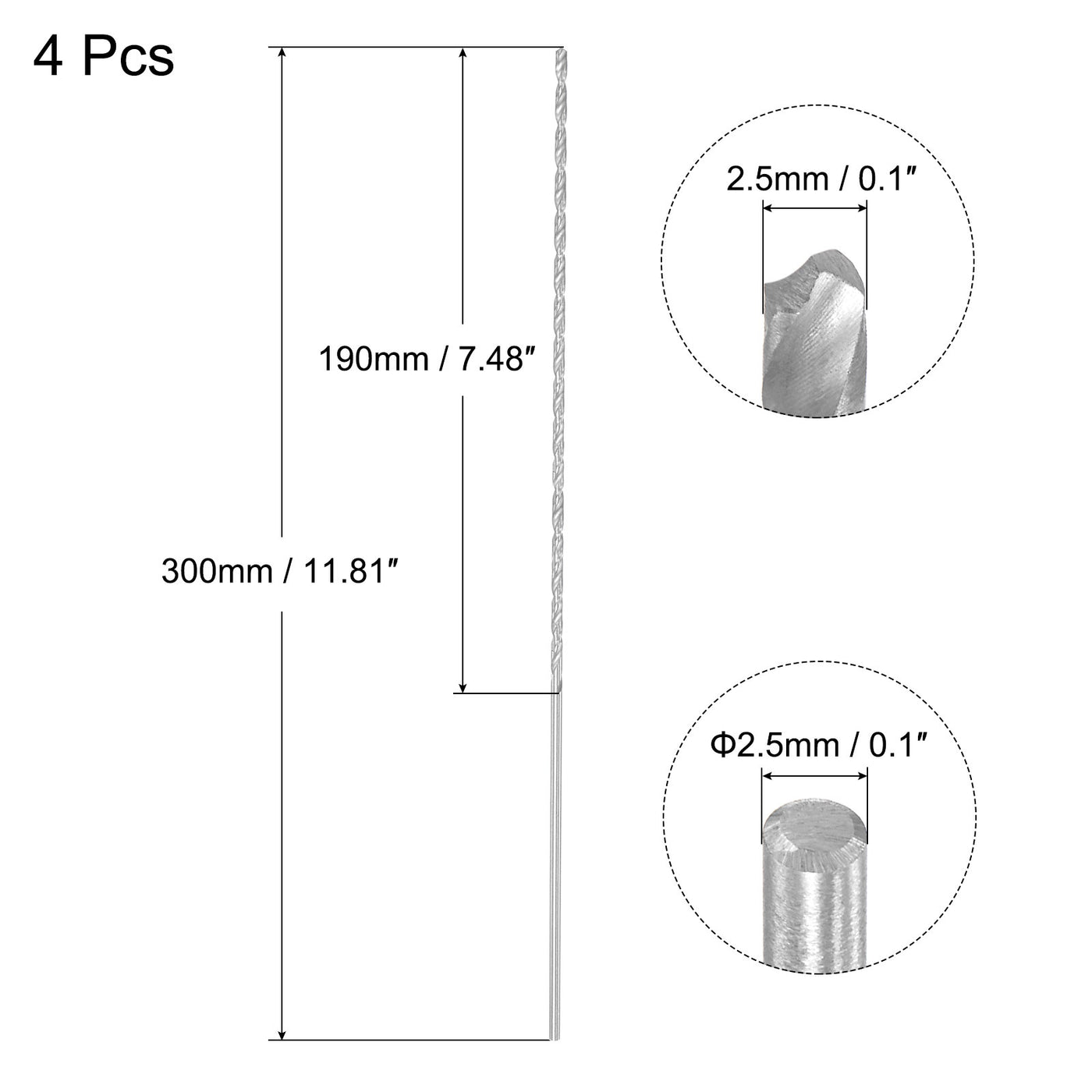 uxcell Uxcell 2.5mm Twist Drill Bits, High-Speed Steel Extra Long Drill Bit 300mm Length 4pcs